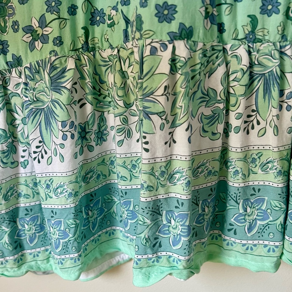 Silk Floral Boho Dress Tiered Bell Sleeves Tassel Tie Mint Green Size XL - Picture 6 of 9